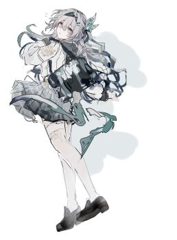 1girl absurdres bag black_shoes butterfly_hair_ornament firefly_(honkai:_star_rail) firefly_(spring_missive)_(honkai:_star_rail) grey_hair hair_ornament hand_up highres holding holding_bag honkai:_star_rail honkai_(series) long_hair looking_at_viewer looking_back miniskirt mulihaohao multicolored_eyes open_mouth school_uniform shadow shoes shoulder_bag skirt standing thighhighs white_thighhighs