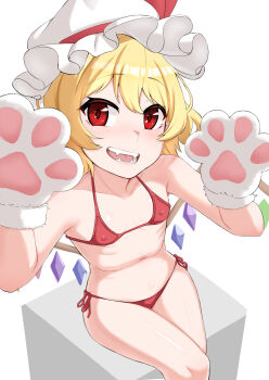 1girl animal_hands bikini blonde_hair bunsuirei covered_erect_nipples crystal_wings fangs flandre_scarlet flat_chest gloves hands_up hat hat_ribbon highres light_blush light_smile loli looking_at_viewer medium_hair mob_cap open_mouth paw_gloves red_bikini red_eyes red_ribbon ribbon ribs side-tie_bikini_bottom sitting solo swimsuit teeth touhou white_background white_hat wings