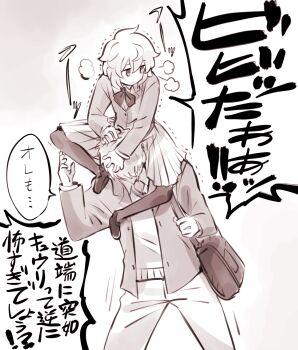 Rule 34 | 1boy, 1girl, bag, blazer, bow, bowtie, carrying, expressionless, expressionless kouhai (kato takuji), highres, jacket, kato takuji, loafers, medium skirt, monochrome, original, pantyhose, school bag, school uniform, screaming, sepia, shoes, short hair, shoulder carry, skirt, translation request, trembling