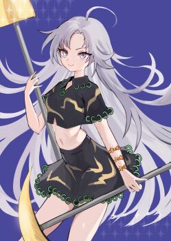 1girl absurdres ahoge black_shirt black_skirt blue_background bow collared_shirt cowboy_shot cropped_shirt estelle8js gold grey_eyes grey_hair highres himemushi_momoyo holding holding_pickaxe holding_shovel jewelry long_hair messy_hair miniskirt navel orange_bow pickaxe ring shirt short_sleeves shovel simple_background skirt skirt_set smile solo standing touhou v-neck very_long_hair