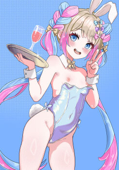 1girl aged_down animal_ears blonde_hair blue_background blue_hair blue_leotard bow bowtie braid cameltoe champagne_flute chouzetsusaikawa_tenshi-chan commentary commission covered_navel cup cutiemachina detached_collar drinking_glass english_commentary fake_animal_ears fishnet_pantyhose fishnets hair_bow highres holding holding_tray leotard loli multicolored_hair needy_girl_overdose nipples open_mouth pantyhose pink_hair solo sparkle strapless strapless_leotard tray twintails v wrist_cuffs yellow_bow