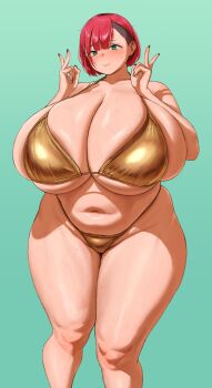 1girl bikini black_nails blush bob_cut breasts cleavage deka_(deka_4242) double_v earrings fat fat_woman gigantic_breasts gold_bikini green_background green_eyes highleg highleg_bikini jewelry lips multiple_earrings navel original partially_shaved_head plump red_hair ringed_eyes short_hair skindentation solo standing sweat swimsuit thick_thighs thighs v wavy_mouth