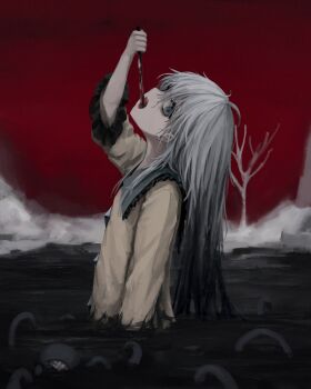 1girl alternate_hair_length alternate_hairstyle arm_at_side arm_up bare_tree blood bloody_knife dead_tree frilled_shirt frills from_side grey_eyes grey_hair highres holding holding_knife knife knife_in_mouth komeiji_koishi long_hair long_sleeves looking_at_viewer looking_to_the_side open_mouth partially_submerged red_sky reverinth shirt sky solo touhou tree upper_body yellow_shirt