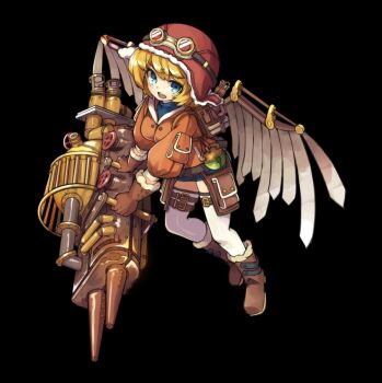 1girl belt black_background blonde_hair blue_eyes blue_shirt blue_shorts blush bob_cut boots breasts brown_boots brown_gloves brown_jacket drill full_body gloves goggles goggles_on_headwear hat highres jacket large_breasts long_sleeves machine mechanical_wings merc_storia merc_storia_art_team official_art open_mouth red_hat remine_(merc_storia) shirt short_hair short_shorts shorts simple_background solo standing tachi-e teeth thigh_belt thigh_strap thighhighs turtleneck turtleneck_shirt upper_teeth_only v-shaped_eyebrows white_thighhighs wings