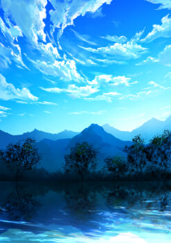 absurdres blue_sky cloud commentary_request cool_colored day highres lake landscape mountain mountainous_horizon n_(nnn2927) nature no_humans original outdoors reflection reflective_liquid scenery sky tree water