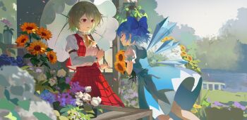 2girls arm_belt ascot blue_bow blue_dress blue_hair bow chinese_commentary cirno closed_eyes collared_shirt commentary_request detached_wings dress flower green_hair hair_bow highres holding holding_flower holding_umbrella ice ice_wings kazami_yuuka multiple_girls open_clothes open_mouth open_vest pinafore_dress plaid_clothes plaid_skirt plaid_vest puffy_short_sleeves puffy_sleeves qianeyejiaorouji red_eyes red_skirt red_vest shirt short_sleeves skirt skirt_set sleeveless sleeveless_dress smile sunflower touhou umbrella vest white_flower white_shirt white_umbrella wings yellow_ascot