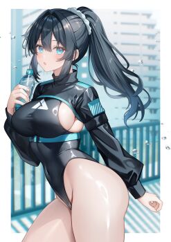 1girl :o absurdres arm_at_side bare_legs black_hair black_leotard black_shrug blue_eyes blue_trim blurry blurry_background border borrowed_character bottle breasts city collared_shrug commission covered_navel cowboy_shot day double-parted_bangs groin hair_ornament hair_scrunchie hand_up highres holding holding_bottle large_breasts leotard light_blush long_hair long_sleeves looking_at_viewer mocchiri290 original outdoors outside_border parted_lips ponytail railing scrunchie second-party_source shrug_(clothing) sideboob sidelocks skeb_commission solo thick_thighs thighs turtleneck turtleneck_shrug underbust urban water_bottle water_drop white_border