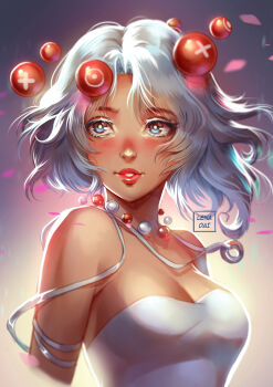 Rule 34 | 1girl, absurdres, bare shoulders, blue eyes, blush, breasts, bright pupils, cleavage, commentary, dark-skinned female, dark skin, draw this in your style challenge, dress, english commentary, facing viewer, gradient background, green pupils, grey hair, highres, jewelry, lena dai, lips, lipstick, looking to the side, makeup, medium breasts, necklace, nose, orb, original, parted bangs, parted hair, parted lips, pearl necklace, pink lips, short hair, solo, upper body, white dress