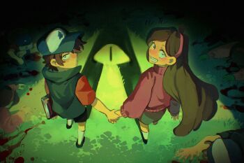 1girl 2boys baseball_cap bill_cipher black_shoes black_shorts blood blood_on_ground blue_hat blue_vest brown_hair commentary dipper_pines english_commentary from_above grass gravity_falls hairband hat highres holding_hands long_hair mabel_pines multiple_boys multiple_persona pink_hairband pink_sweater red_shirt shirt shoes short_hair short_sleeves shorts siblings smile sweater twins very_long_hair very_short_hair vest yukima