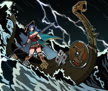 1girl armored_boots bandaged_arm bandaged_leg bandages belt blue_hair boat boots breasts cape commentary commission dang_(runescape) duellist's_cap_(tier_6) english_commentary fingerless_gloves full_body gladiator gloves glowing_hat gold_trim green_belt green_cape hat highres holding holding_oar lara_jenn leotard lightning long_hair longship medium_breasts oar old_school_runescape original outdoors poleyn rain red_leotard rowboat rowing runescape sailing second-party_source shield ship solo staff_of_armadyl_(runescape) storm stormy_waters sun_symbol water watercraft waves yellow_eyes