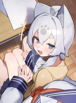 +++ 2girls :d absurdres ahoge akuto_(akuto_desu) animal_ear_fluff animal_ears blue_eyes blush cat_ears cat_girl classroom commentary_request crossed_bangs desk double-parted_bangs hair_between_eyes highres hood hood_down hoodie indoors long_sleeves looking_at_viewer multiple_girls open_mouth original school_uniform serafuku shirt short_hair sitting sitting_on_lap sitting_on_person smile solo_focus thick_eyebrows white_hair white_shirt yellow_hoodie