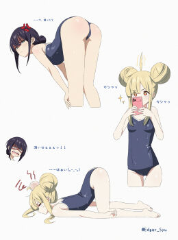 2girls absurdres ahoge anger_vein ass blue_one-piece_swimsuit breasts cho_kaguya-hime! cleavage commentary_request double_bun edgar_syu fangs hair_bun highres kaguya_(cho_kaguya-hime!) medium_breasts mole mole_under_eye multiple_girls one-piece_swimsuit open_mouth sakayori_iroha school_swimsuit simple_background smile swimsuit taking_picture teeth translation_request upper_teeth_only white_background yuri