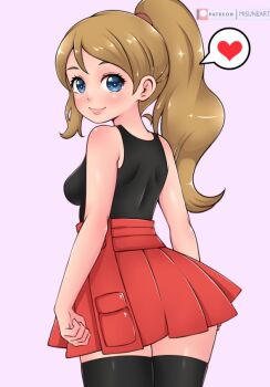 1girl black_shirt black_thighhighs blue_eyes blush breasts brown_hair from_behind heart long_hair looking_at_viewer looking_back medium_breasts misune_art nintendo pokemon pokemon_xy ponytail purple_background red_skirt serena_(pokemon) shirt skirt sleeveless sleeveless_shirt smile speech_bubble spoken_heart standing thighhighs