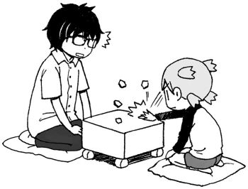 Rule 34 | 1boy, 1girl, ^^^, age difference, artist collaboration, azuma kiyohiko, board game, chibi, crossover, cushion, glasses, greyscale, kiriyama rei, koiwai yotsuba, long sleeves, monochrome, no shoes, opaque glasses, quad tails, raglan sleeves, rectangular eyewear, rectangular mouth, sangatsu no lion, seiza, shogi, short hair, shorts, simple background, sitting, surprised, umino chika, white background, yotsubato!, zabuton