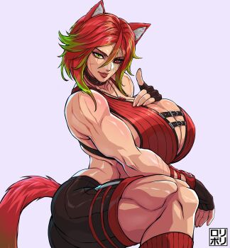 1girl absurdres animal_ears artist_logo bare_arms bare_shoulders biceps black_gloves black_sclera black_shorts breast_suppress breasts chain chain_necklace choker cleavage colored_sclera commentary commission cracked_face cracked_skin crop_top danelle_(superdave_2003) facial_scar fingerless_gloves gloves green_eyes green_hair hand_on_own_chest heterochromia highres huge_breasts index_finger_raised jamrolypoly jewelry knee_up logo looking_at_viewer medium_hair mismatched_sclera multicolored_hair muscular muscular_female necklace original parted_lips pendant red_eyes red_hair red_tail scar scar_across_eye scar_on_arm scar_on_cheek scar_on_face scar_on_shoulder shorts simple_background slit_pupils solo tail tiger_ears tiger_girl tiger_tail two-tone_hair uneven_footing