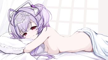 1girl ahoge ass bed bed_sheet blush breasts butt_crack c-rabbit curtains goddess_of_victory:_nikke hair_between_eyes hair_intakes hairband headgear highres hugging_object indoors liberalio_(nikke) looking_at_viewer lying nude on_bed on_stomach pillow pillow_hug purple_hair red_eyes short_hair_with_long_locks sideboob small_breasts smile solo twintails