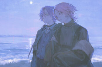 Rule 34 | 2boys, absurdres, beach, belt, chest harness, choker, collared shirt, commission, cropped jacket, dress shirt, expressionless, harness, highres, jacket, jacket partially removed, light smile, looking ahead, looking to the side, male focus, moon, multiple boys, ocean, original, outdoors, pale color, parted bangs, pink hair, purple eyes, purple theme, reflection, reflective liquid, rit3set, shirt, shirt tucked in, short hair, skeb commission, upper body, wolf cut