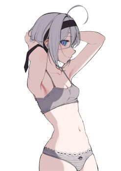1girl absurdres ahoge armpits arms_behind_head bare_arms bare_shoulders black_hairband blue_eyes bra breasts collarbone commentary cowboy_shot grey_bra grey_hair grey_panties hairband hands_up highres jinggun looking_at_viewer multicolored_panties navel original panties short_hair simple_background small_breasts solo stomach striped_clothes striped_panties symbol-only_commentary two-tone_panties underwear underwear_only white_background white_panties