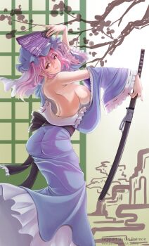 1girl arched_back ass back bare_shoulders black_sash blue_dress blue_hat blue_kimono blue_skirt branch breasts commentary_request dress frilled_skirt frilled_sleeves frills hand_fan hat highres holding holding_fan japanese_clothes katana kimono large_breasts long_skirt looking_at_viewer mob_cap naked_kimono namiki_(remiter00) open_clothes pink_eyes pink_hair ribbon-trimmed_sleeves ribbon_trim saigyouji_yuyuko sash sheath sheathed shouji sideboob skirt sliding_doors smile sword tight_clothes tight_dress touhou weapon wide_sleeves