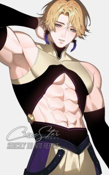 Rule 34 | 1boy, abs, arm behind head, avidius (wuthering waves), black sleeves, blonde hair, crezz (infj crezz), detached sleeves, earrings, feather earrings, feathers, grey background, highres, jewelry, looking at viewer, male focus, muscular, muscular male, navel, parted lips, short hair, shredded muscles, solo, turtleneck, underpec, wuthering waves