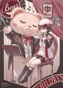 1boy absurdres aged_down animal award_ribbon ayn_alwyn beret black_border black_hair black_shirt black_shorts black_socks border bow bowtie brown_shoes buttons chair children's_day chinese_commentary closed_eyes clothed_animal commentary_request conductor conductor_baton curtains double-breasted english_text full_body gem gradient_background hair_between_eyes harmonica hat hat_ornament hat_ribbon highres holding holding_baton holding_instrument instrument irregular_border jacket legwear_garter loafers long_sleeves lovebrush_chronicles male_focus music music_stand musical_note official_alternate_costume pigeon-toed playing_instrument poster_(object) puritan_collar red_background red_bow red_bowtie red_gemstone red_ribbon red_scarf ribbon scarf sentient_stuffed_toy shirt shoes short_hair shorts sitting sleeve_cuffs sleeveless sleeveless_jacket snow234 socks solo stage_curtains stole striped_background striped_bow striped_bowtie striped_clothes stuffed_animal stuffed_toy tailcoat teddy_bear white_background white_hat white_jacket