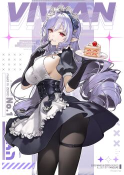 1girl alternate_costume black_gloves black_pantyhose black_shrug breasts cake cake_slice character_name dress drill_hair eggpongg enmaided finger_to_mouth food gloves highres holding holding_plate large_breasts long_hair maid maid_headdress pantyhose plate purple_hair red_eyes shrug_(clothing) sideboob solo strawberry_shortcake thigh_strap twin_drills vivian_banshee white_dress zenless_zone_zero