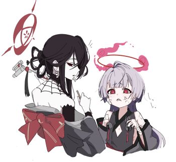 2girls anger_vein back bandaid black_hair black_kimono blue_archive blunt_bangs bow commentary_request earrings furrowed_brow gauze gauze_on_cheek grey_kimono halo japanese_clothes jewelry kimono kokuriko_(blue_archive) kyurosuku looking_at_viewer looking_back motion_lines multiple_girls off_shoulder parted_lips red_bow red_eyes shuro_(blue_archive) simple_background spider_web_pattern white_background