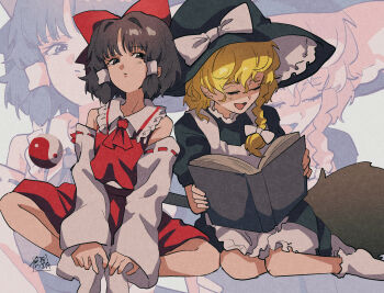 2girls apron artist_logo ascot black_hair black_hat black_skirt blonde_hair book bow braid braided_sidelock butterfly_sitting detached_sleeves hair_bow hair_tubes hakurei_reimu hat hat_bow highres holding holding_book kirisame_marisa logo long_hair looking_at_viewer multiple_girls nontraditional_miko open_book open_mouth orb reading red_ascot red_bow red_shirt red_skirt shirt short_hair sitting skirt sleeveless sleeveless_shirt socks sokura_(mochichitose) touhou white_apron white_bow white_socks witch_hat yin_yang yin_yang_orb zoom_layer