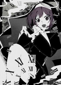 1girl :d @_@ black_dress black_nails brown_eyes brown_hair cable_(cablebop) coif crazy_eyes dress feet_out_of_frame habit halo highres juliet_sleeves kamippoina_(vocaloid) knees_up limited_palette long_sleeves looking_at_viewer nail_polish nun open_mouth own_hands_clasped own_hands_together project_sekai puffy_sleeves roman_numeral shinonome_ena smile solo white_coif