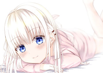 Rule 34 | 1girl, absurdres, bloom, blue eyes, blunt ends, blush, closed mouth, commentary request, eyes visible through hair, feet out of frame, hair behind ear, hair between eyes, hair ornament, hair ribbon, hairclip, highres, legs up, long hair, long sleeves, looking at viewer, lying, mao sirahama, naruse shiroha, on stomach, pajamas, parallel hairclips, pink pajamas, pink ribbon, ribbon, sidelocks, simple background, smile, solo, summer pockets, the pose, white background, white hair