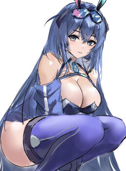 1girl :3 absurdres animal_ears azur_lane blue_eyes blue_hair boots breasts chinese_commentary cleavage closed_mouth commentary feet_out_of_frame goggles goggles_on_head highres large_breasts long_hair long_sleeves looking_at_viewer new_jersey_(azur_lane) new_jersey_(black_blur_prelude)_(azur_lane) obniermarbiss official_alternate_costume outdoors rabbit_ears race_queen simple_background sketch solo squatting thigh_boots thighhighs very_long_hair white_background