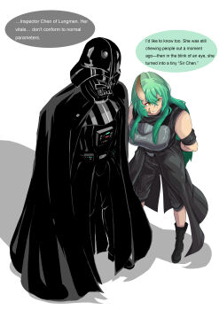 1boy 1girl absurdres arknights arms_behind_back bare_shoulders black_cape black_pants black_robe black_shirt cape commentary crossed_bangs crossover darth_vader english_commentary facial_scar full_body green_hair hair_between_eyes hansi highres horns hoshiguma_(arknights) long_hair looking_to_the_side pants robe scar scar_on_cheek scar_on_face shirt simple_background single_horn skin-covered_horns sleeveless sleeveless_shirt speech_bubble standing star_wars white_background yellow_eyes