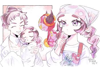 2girls ansha_(pokemon) apron atsuage_(amo91958757) braid carrying carrying_person closed_eyes diantha_(pokemon) gen_6_pokemon headscarf holding_person hoopa hoopa_(confined) jacket legendary_pokemon mother_and_daughter multiple_girls mythical_pokemon nintendo pokemon pokemon_legends:_z-a pokemon_xy purple_eyes sleeping smile upper_body white_background