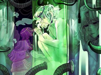 3boys against_glass air_bubble blonde_hair bubble cable clone convenient_censoring empty_eyes from_side green_theme hand_on_glass holostars holostars_english magmite_(magni_dezmond) magni_dezmond male_focus medium_hair ministarfruit mole mole_under_mouth multiple_boys nude open_mouth parted_bangs patterned_hair profile stack stasis_tank submerged tube virtual_youtuber yellow_eyes