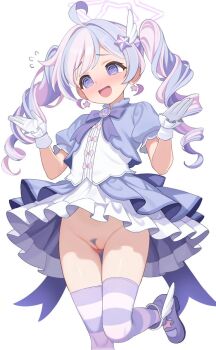 1girl @_@ blue_archive blush dress drill_hair female_pubic_hair gloves halo highres long_hair mafunyo magical_girl multicolored_hair no_panties official_alternate_costume open_mouth pink_hair pink_halo pubic_hair purple_dress purple_eyes purple_hair pussy reisa_(blue_archive) reisa_(magical)_(blue_archive) simple_background solo striped_clothes striped_thighhighs thighhighs twin_drills twintails two-tone_hair white_background white_gloves