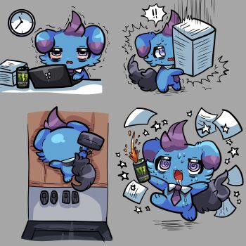 ! !! @_@ analog_clock bags_under_eyes black_bag blue_skin clock colored_skin computer depresso fang highres laptop monster_energy motion_lines murasakigezi necktie no_humans open_mouth pal_(creature) palworld spoken_exclamation_mark sweat trembling wall_clock