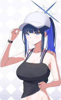 Rule 34 | 1girl, absurdres, argyle background, arm up, bare shoulders, baseball cap, black camisole, black hair, blue archive, blue eyes, blue hair, blunt bangs, blush, breasts, camisole, camisole lift, cleavage, closed mouth, clothes lift, collarbone, colored inner hair, commentary, groin, halo, hand on headwear, hat, highres, large breasts, lifting own clothes, long hair, looking at viewer, multicolored hair, navel, no mask, official alternate costume, ponytail, saori (blue archive), saori (swimsuit) (blue archive), senkuma777, sleeveless, solo, standing, stomach, upper body, white hat, wristband