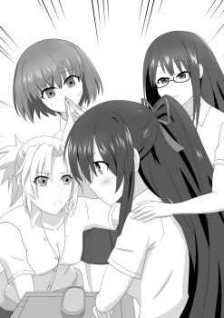 4girls bento breasts cleavage date_a_live emphasis_lines fujibakama_mii glasses greyscale hair_ribbon hands_on_shoulder hazakura_mai long_hair medium_breasts monochrome multiple_girls ponytail prof rayos ribbon school_uniform short_sleeves sweat yamabuki_ai yatogami_tohka