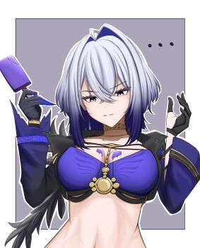 Rule 34 | ..., 1girl, absurdres, black gloves, blue bra, border, bra, breasts, commentary request, food, galbrena (wuthering waves), gloves, gold bra, grey background, hair between eyes, highres, holding, holding food, holding popsicle, looking down, magu ekaki, medium breasts, medium hair, mole, mole on neck, parted lips, partial commentary, popsicle, purple eyes, solo, underwear, upper body, white border, wuthering waves