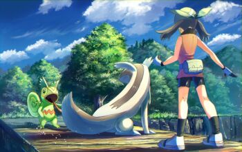 1girl bandana bare_arms bike_shorts black_legwear cloud commentary_request day fanny_pack gen_3_pokemon gloves grass green_bandana kecleon kneepits linoone may_(pokemon) may_(pokemon_emerald) nintendo outdoors pokemon pokemon_(creature) pokemon_emerald pokemon_rse rowdon shoes sky sleeveless standing tongue tongue_out tree