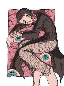 1boy :d aqua_eyes asymmetrical_bangs black_hair black_jacket border buttons coattails colored_tips commentary_request demon_boy dual_persona enmu_(kimetsu_no_yaiba) facial_mark fangs finger_tattoo flesh full_body grey_pants grin highres jacket kanji_tattoo kimetsu_no_yaiba long_sleeves looking_at_viewer lying male_focus medium_hair monster multicolored_hair on_side open_mouth outside_border own_hands_together pants pinstripe_pants pinstripe_pattern purple_nails shoes smile solo_focus suit_jacket symbol-shaped_pupils tailcoat tattoo tears_facial_mark teeth too_many_eyes trap tsubame_(lo_1101) undershirt upper_teeth_only variant_set veins veiny_eyes veiny_hands white_border white_shoes