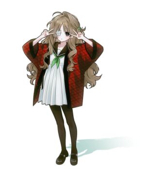 Rule 34 | 1girl, arms up, black pantyhose, black sailor collar, black shoes, brown eyes, brown hair, double v, gauze, gauze over eye, green neckerchief, hair bobbles, hair ornament, haori, high-waist skirt, highres, japanese clothes, long hair, neckerchief, original, pantyhose, pleated skirt, red haori, sailor collar, school uniform, shirt, shirt tucked in, shoes, skirt, so seo, solo, standing, v, white background, white shirt, white skirt