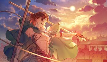 Rule 34 | 1girl, absurdres, breasts, brown hair, cloak, cloud, cloudy sky, commentary request, dual wielding, ehye520, european architecture, eyepatch, glasses, green cloak, hange zoe, highres, holding, korean commentary, medium breasts, medium hair, open mouth, paradis military uniform, parted bangs, ponytail, shingeki no kyojin, shirt, sky, solo, sweatdrop, three-dimensional maneuver gear, titan (shingeki no kyojin), upper body, white shirt