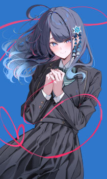 1girl absurdres ahoge black_hair black_jacket black_shirt black_skirt blue_eyes blue_hair blush bow bowtie closed_mouth commentary_request cowboy_shot dengeki_bunko gradient_hair green_bow green_bowtie hair_ornament hairclip heart heart_of_string hidaka_mikoto highres jacket komupi long_hair long_sleeves looking_at_viewer multicolored_hair open_clothes open_jacket own_hands_together school_uniform shirt shujinkou_no_osananajimi_ga_wakiyaku_no_ore_ni_guigui_kuru skirt smile solo string string_of_fate