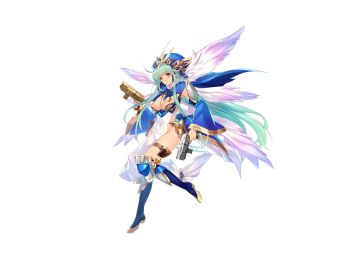1girl angel angel_wings armor breasts choukou_(alicesoft) choukou_taisen_escalation_heroines cleavage covered_navel green_hair grin gun highres holding holding_gun holding_weapon mayfael min-naraken multiple_wings official_art orange_eyes pauldrons shoulder_armor smile thighs tiara weapon wings