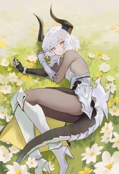 1girl absurdres armor armored_boots bare_shoulders black_horns blonde_streaks bodysuit boots breastplate brown_bodysuit brown_pantyhose closed_mouth commentary commission field flower flower_field full_body gauntlets grass greaves high_heels highres horns lying medium_hair multicolored_hair nbee_ya on_grass on_side original pantyhose poleyn slit_pupils solo tail tail_armor two-tone_hair vambraces white_boots white_flower white_hair yellow_eyes