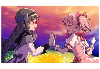 Rule 34 | 2girls, :d, ^ ^, akemi homura, akemi homura (magical girl), asukaru (magika ru), black hair, black hairband, blush, bow, bow choker, braid, capelet, choker, closed eyes, dated, dress, evening, frilled sleeves, frills, glasses, gloves, grey capelet, hairband, high five, highres, kaname madoka, kaname madoka (magical girl), long hair, magical girl, mahou shoujo madoka magica, mahou shoujo madoka magica (anime), multiple girls, open mouth, outdoors, pink dress, pink hair, purple bow, red-framed eyewear, red choker, shirt, short hair, short sleeves, short twintails, sidelocks, signature, smile, twintails, upper body, white gloves, white shirt