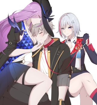 1boy 2girls absurdres animal_collar black_bow black_bra black_gloves black_hat black_jacket bow bra breasts caelus_(honkai:_star_rail) centauri-d cleavage closed_eyes closed_mouth collar collarbone crossed_legs gloves grey_hair hair_ornament hat highres holding holding_leash honkai:_star_rail honkai_(series) hood hooded_jacket jacket jade_(honkai:_star_rail) jewelry leash long_hair multicolored_hair multiple_girls necklace purple_hair red_collar red_hair second-party_source shirt short_hair streaked_hair thigh_strap topaz_(honkai:_star_rail) trailblazer_(honkai:_star_rail) underwear white_shirt wide_brim