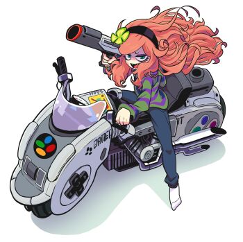 1980s_(style) 1girl 4chan 8chan absurdres akira_(manga) bags_under_eyes clover denim female_focus four-leaf_clover freckles full_body game_console gashi-gashi green_eyes grin hairband highres hood hoodie jeans long_hair motor_vehicle motorcycle no_shoes oldschool open_mouth original pants red_hair retro_artstyle shaded_face sharp_teeth sidelocks simple_background smile socks solo super_famicom super_scope sweater swept_bangs teeth vehicle vivian_james white_background