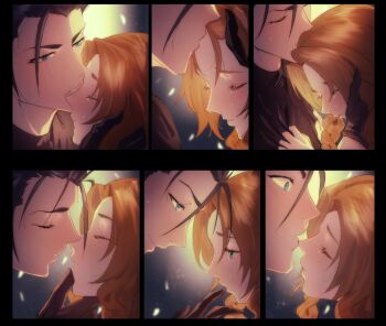 1boy 1girl absurdres aerith_gainsborough black_hair blue_eyes brown_hair close-up closed_eyes closed_mouth commentary couple crisis_core:_final_fantasy_vii drill_hair drill_sidelocks english_commentary facing_another final_fantasy final_fantasy_vii final_fantasy_vii_rebirth final_fantasy_vii_remake from_side green_eyes highres imminent_kiss kiss kissing_forehead long_hair looking_at_another multiple_views origussy parted_bangs parted_lips profile sequential sidelocks smile spiked_hair teardrop tears upper_body zack_fair